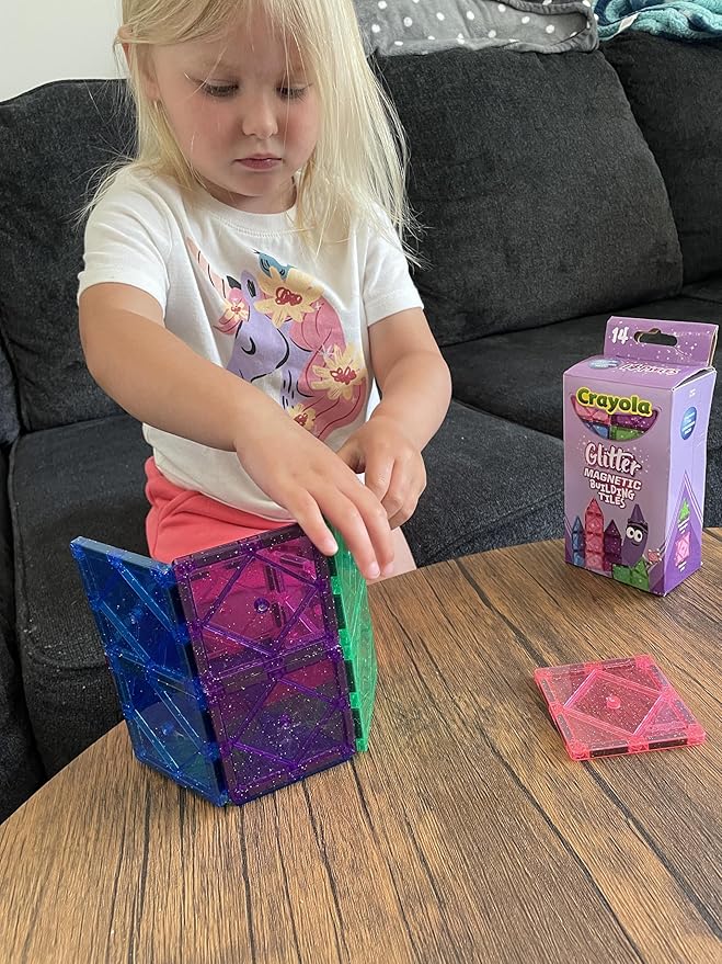 CreateOn Crayola Magnetic Tiles, Building Set for Kids, Magnetic Toys for Kids, Travel Toys, Classroom Sensory Toy Blocks, STEM & Montessori Tools for Boys & Girls Ages 3+, 14-Piece Set (Glitter)-CubbioJoy