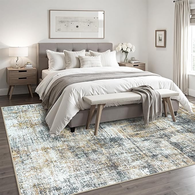 Area Rugs 8x10 Living Room Rugs: Modern Abstract Washable Rug with Non-Slip Backing, Stain Resistant Indoor Floor Large Carpet for Bedroom Dining Room Table Nursery Hallway Home Office Brown/Gray-CubbioJoy