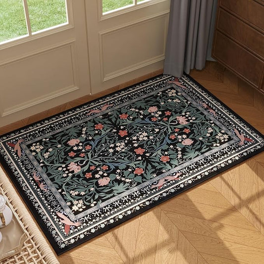 Door Mat Indoor Entrance 2x3 Rug Machine Washable Vintage Floral Botanical Small Area Rug Non-Slip Low Pile Throw Rugs for Entryway, Kitchen, Front Door Entrance, Entry, Kids Room, Black-CubbioJoy