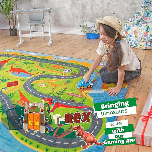 KC Cubs 3x5 Dinosaur Toy Car Dino Road Rug – Educational Play Mat Carpet for Kids, Toddlers, Nursery, Classroom, Playroom, Baby Daycare, Boys & Girls-CubbioJoy