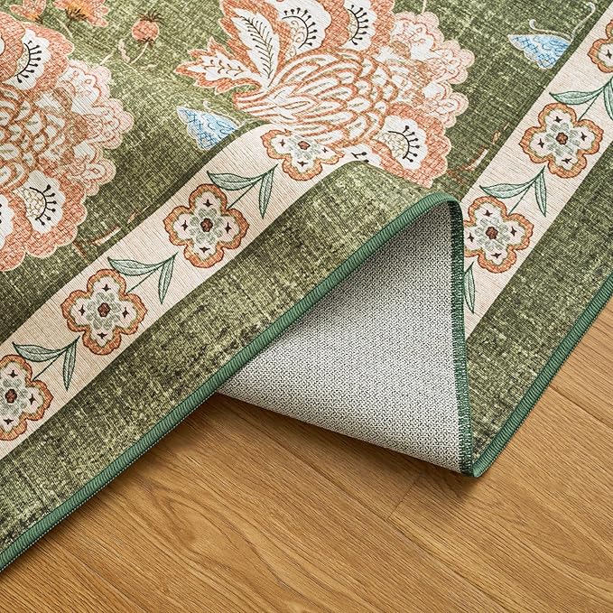 jinchan Floral Corner Rug for Living Room Washable Bedroom Rug Vintage Romance Design Non Slip Quarter Circle Lightweight Low-Pile Throw Carpet for Reading Nook Playroom,8ft Radius, Green-CubbioJoy