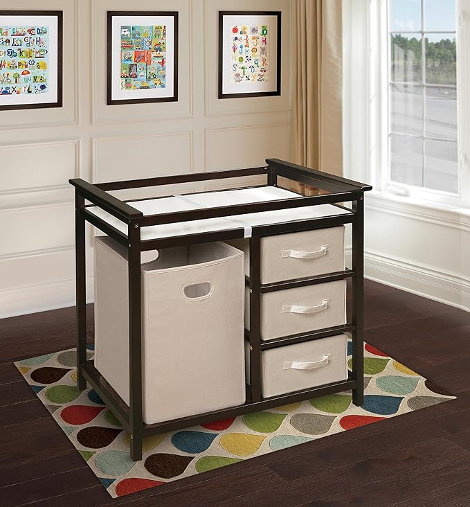 Badger Basket Modern Baby Changing Table with Laundry Hamper, 3 Storage Drawers and Pad, Diaper Change Station - Espresso/Ecru-CubbioJoy