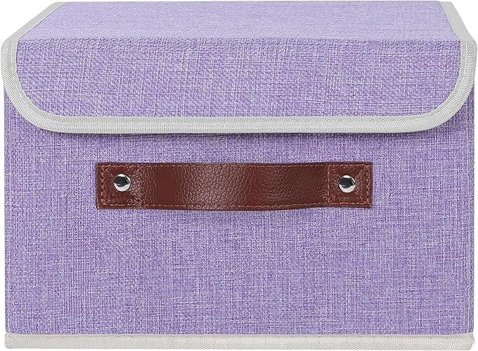 ANMINY Storage Bin with Lid Storage Boxes with PU Leather Handles PP Plastic Board Decorative Foldable Lidded Cotton Linen Fabric Home Cubes Baskets Closet Organizer Container - Purple, Small Size-CubbioJoy