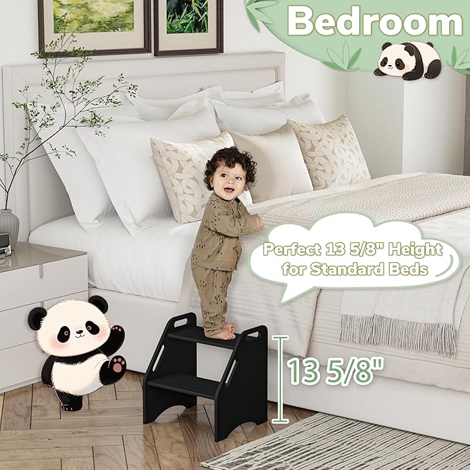 AMBIRD Wooden Step Stool, 15.75'' H Potty Training Toddler 300 lbs Capacity with Safety Non-Slip Pads and Handles, Step Stools for Kids, Bamboo 2-Step Stool for Bathroom, High Beds (Black)-CubbioJoy