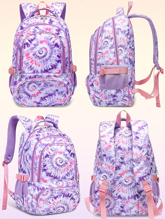 BLUEFAIRY Kids Backpack for Girls Elementary Primary Middle School Bag for Aged 8-10 for Teens Childs Bookbag Back to School Bag Mochilas Escolares para Niñas de 7 8 9 10 Tie-dye Purple-CubbioJoy