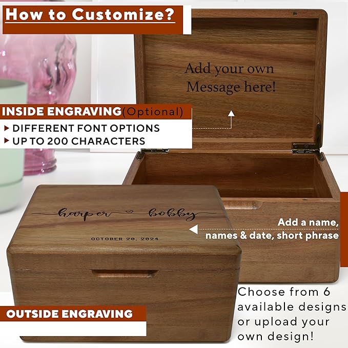 Keepsake Box for Wedding Anniversary - Customized Keepsake Box Engraved Connected Hearts with Names, 5 Years Anniversary, Acacia Wood Decorative Custom Memory Boxes, Surprise Love Message, 8x6x4 in-CubbioJoy
