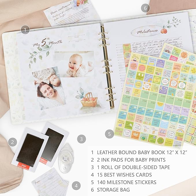 Keepsake Baby Memory Book Girl Boy – Timeless Leather-Bound Baby Milestone Book – Baby Book Keepsake Record First 5 Years – Gender Neutral Baby Scrapbook Album Baby Album Journal Registry Search Gift-CubbioJoy