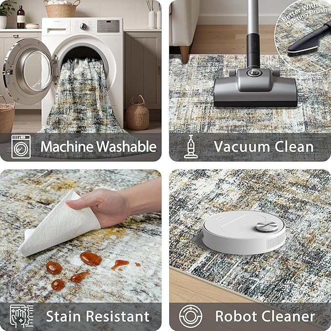 Area Rug Living Room Rugs: 5x7 Abstract Washable Rugs Ultra Soft Carpets with Non-Slip Backing Stain Resistant Carpet for Dining Room Table Bedroom Nursery Indoor Home Office Brown/Gray-CubbioJoy