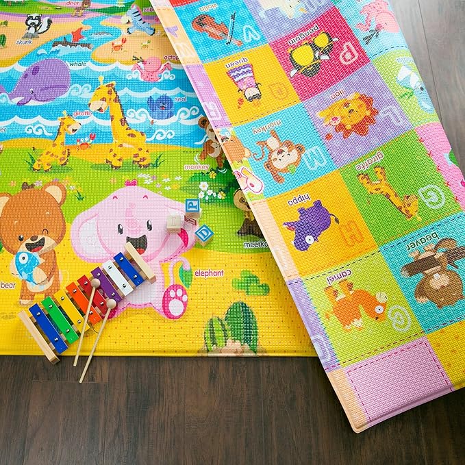Baby Care Play Mat (Large, Playful - Pinko & Friend) 82'' x 55'' Original One-Piece Reversible Rollable Waterproof Play Mat for Infants, Babies, Toddler, and Kids-CubbioJoy