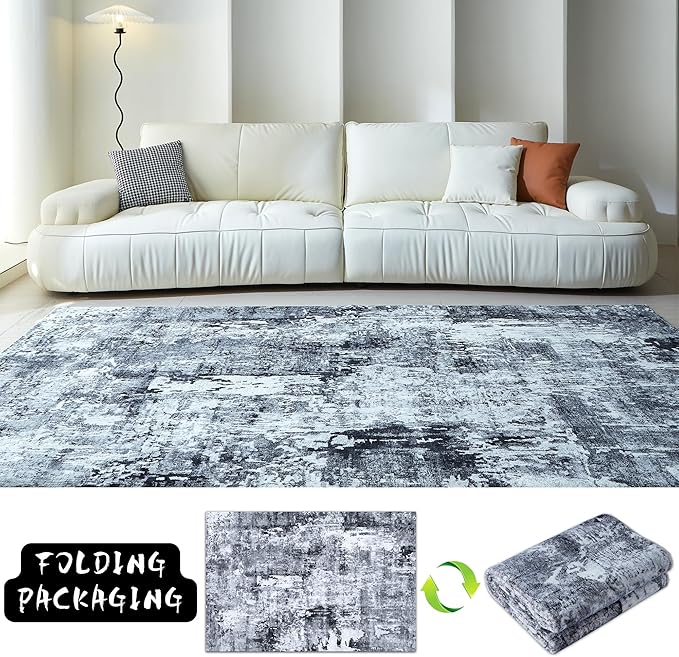 3x5 Rug Washable Boho Rug Soft Area Rug Abstract Pattern Non-Slip Non-Shedding Faux Wool Vintage Rug for Bedside, Bedroom Rug, Kitchen, Floor, Indoor, Laundry, Grey and Black-CubbioJoy