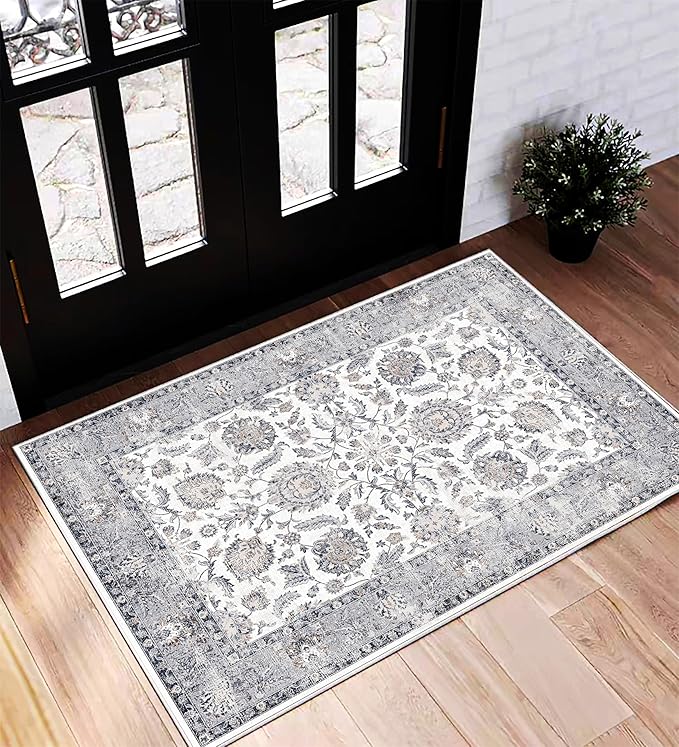 Area Rug 2x3 Washable Rug Door Mat Vintage Distressed Doormat Indoor Entrance Traditional Thin Floral Print Non Slip Carpet for Kitchen Bathroom Bedroom Living Room-CubbioJoy