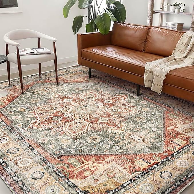 Area Rug 6'x9' Red Khaki Washable Vintage Traditional Floor Cover Thin Retro Kitchen Indoor Distressed Non Slip Carpet Floral Area for Living Room Bedroom Dining Room-CubbioJoy