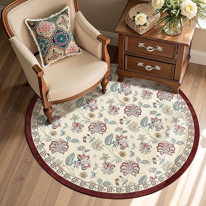 jinchan 4ft Floral Round Rug for Entryway Washable Kitchen Rug Vintage Romance Design Non Slip Indoor Doormat Lightweight Low-Profile Throw Carpet for Living Room Dining Room Bedroom, Red/Beige-CubbioJoy