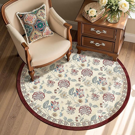 jinchan 4ft Floral Round Rug for Entryway Washable Kitchen Rug Vintage Romance Design Non Slip Indoor Doormat Lightweight Low-Profile Throw Carpet for Living Room Dining Room Bedroom, Red/Beige-CubbioJoy