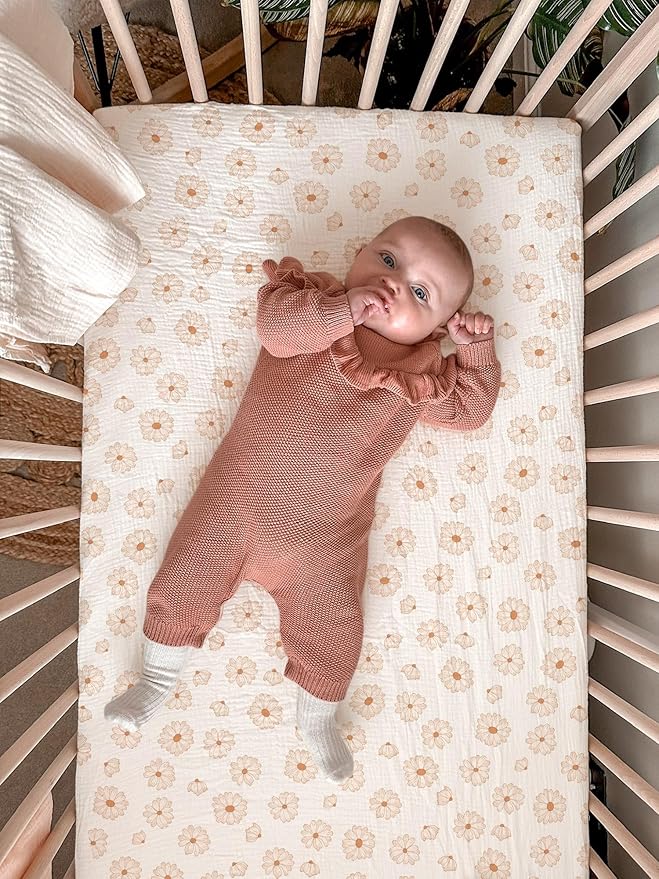 Bassinet Sheet for Baby Boy and Girl, Fitted Sheets for Rectangle, Oval, Hourglass Bassinet Mattress, Muslin Moses Basket Sheets with Neutral Style (Flower-A)-CubbioJoy