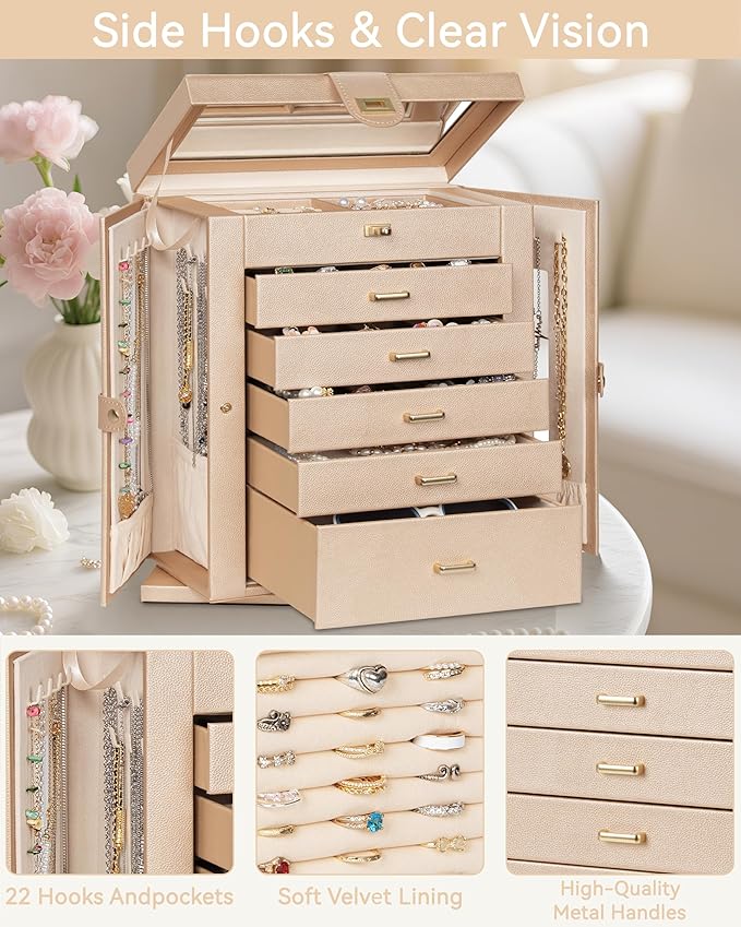 AKOZLIN Jewelry Box 360° Rotating 6-Tier Functional Jewelry Storage Case Organizer for Women Girls Ring Necklace Earring Bracelet Holder with Mirror-CubbioJoy