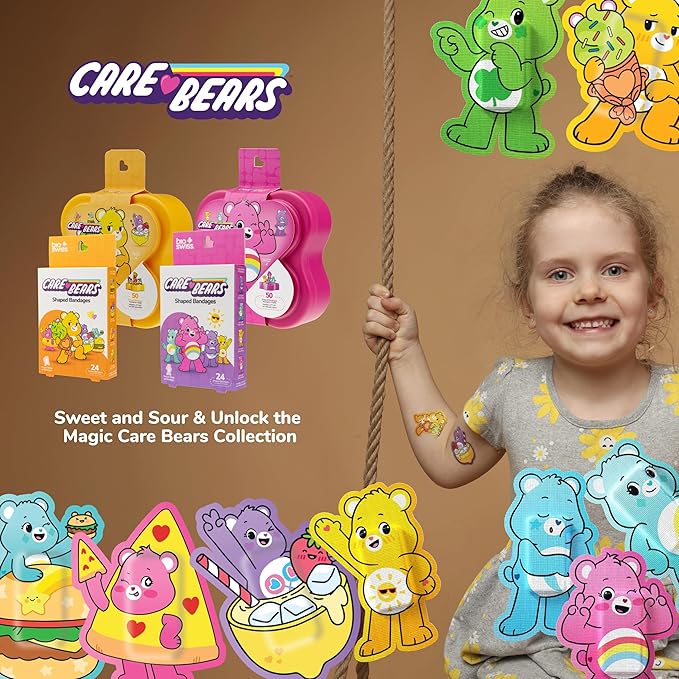 BioSwiss Care Bears Bandages, Sweet and Sour Care Bear Shaped Self Adhesive Bandage, Latex Free Sterile Wound Care, Fun First Aid Kit Supplies for Kids, 24 Count-CubbioJoy