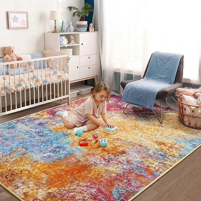 Kelarea Living Room Rug, 5x7 Modern Abstract Washable Rugs, Colorful Non Slip Low Pile Carpet, Stain Resistant Rugs for Bedroom, Dining Room, Nursery, Home Office-CubbioJoy