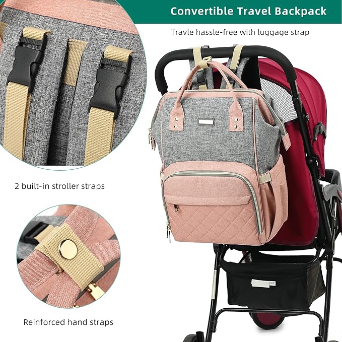 Diaper Bag Backpack, Diaper Bags for Baby Girls Boys, Baby Bags for Moms Dads, Nappy Changing Bag with Insulated Pockets,Multi-functional Waterproof Backpack with Stroller straps-Pink-CubbioJoy