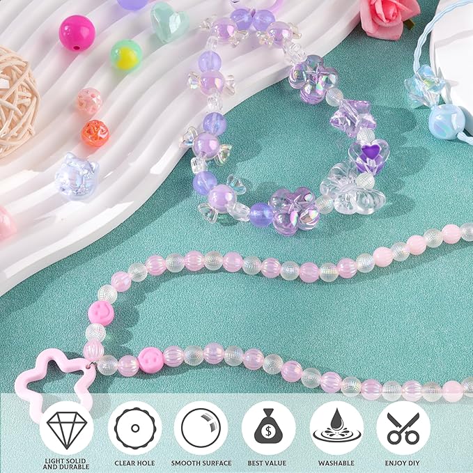 Assorted 180-240PCS Acrylic Beads for Bracelet Making, Bow Butterfly Candy Heart Gummy Bear Kawaii Aesthetic Bracelet Charms,Cute Beads for Jewelry Making DIY Necklace Keychain Phone Charm-CubbioJoy