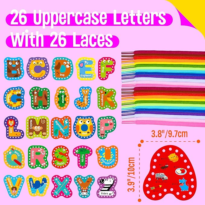 26PCS Kids Lacing Cards, 26 Double Sided Uppercase Sewing Cards with 26 Colorful Laces, Imagination Development Lacing Toys Games for Children Educational and Learning Activity-CubbioJoy