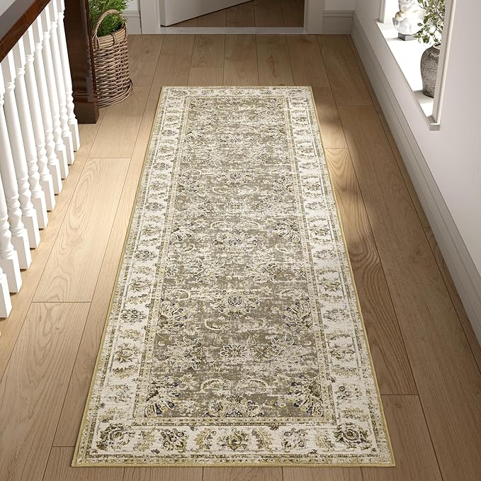 jinchan Runner Rug 2x6 Washable Hallway Runner - Vintage Floral Non Slip Low-Pile Soft Thin Kitchen Rug Distressed Carpet for Farmhouse Bedroom Entryway Laundry Room(2x6ft,Taupe)-CubbioJoy