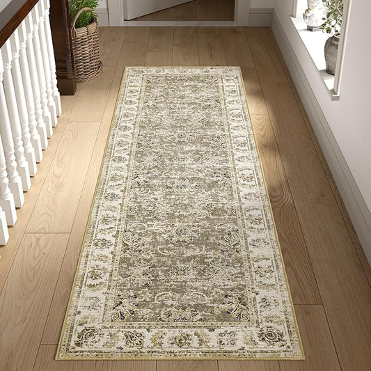 jinchan Runner Rug 2x6 Washable Hallway Runner - Vintage Floral Non Slip Low-Pile Soft Thin Kitchen Rug Distressed Carpet for Farmhouse Bedroom Entryway Laundry Room(2x6ft,Taupe)-CubbioJoy