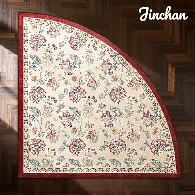 jinchan Floral Corner Rug for Living Room Washable Bedroom Rug Vintage Romance Design Non Slip Quarter Circle Lightweight Low-Pile Throw Carpet for Reading Nook Playroom,8ft Radius, Red/Beige-CubbioJoy