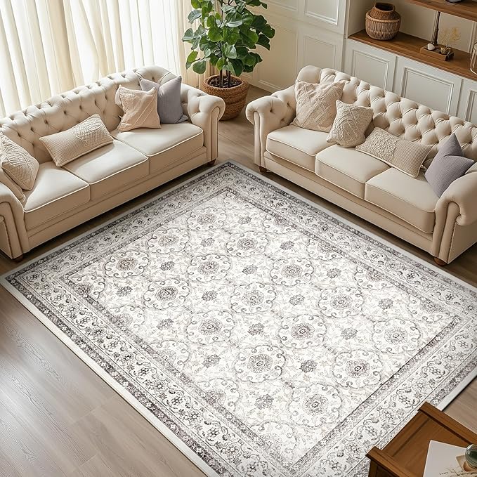 jinchan Floral 6x9 Area Rugs for Living Room - Machine Washable Vintage Distressed Boho Design Throw Rug Stain Resistant Carpet Low-Pile Thin Non-Slip for Bedroom Dining Room Nursery (6‘x9',Beige)-CubbioJoy