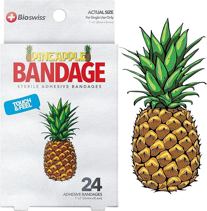 BioSwiss Bandages, Pineapple Shaped Self Adhesive Bandage, Latex Free Sterile Wound Care, Fun First Aid Kit Supplies for Kids, 24 Count-CubbioJoy