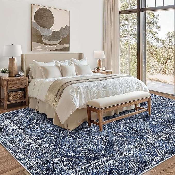 COZYLOOM Bedroom Rug 8x10 Under Bed Machine Washable Area Rugs Modern Abstract Floor Cover with Non Slip Backing Stain-Resistant Geometric Carpet for Nursery, Living Room, Blue-CubbioJoy