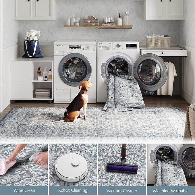 jinchan Floral 5x7 Area Rugs for Bedroom - Machine Washable Vintage Distressed Boho Design Throw Rug Stain Resistant Carpet Low-Pile Thin Non-Slip for Nursery Living Room Dining Room (5‘x7',Grey)-CubbioJoy