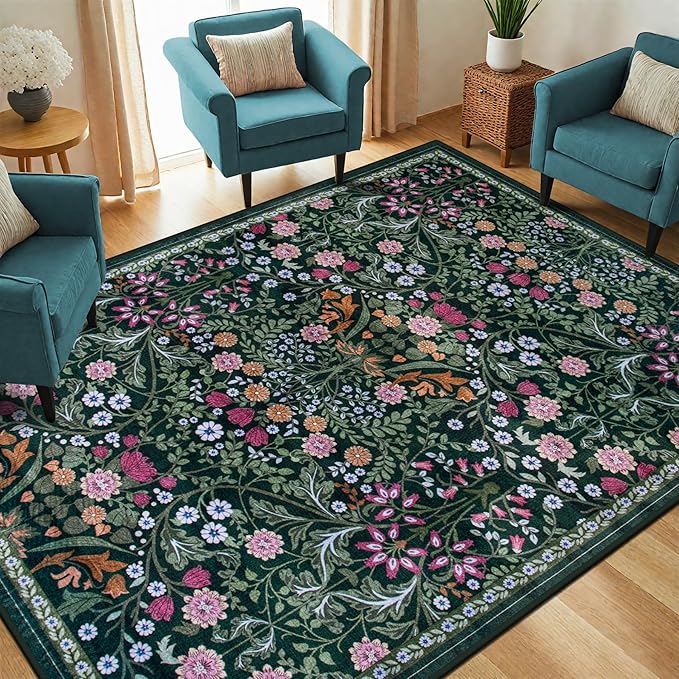 Area Rug Living Room Rugs: Floral 4x6 Washable Rug Vintage Soft Boho Non-Slip Carpet Indoor Floor Stain Resistant Large Carpets for Bedroom Dining Room Farmhouse Nursery Hallway Home Office Dark Green-CubbioJoy
