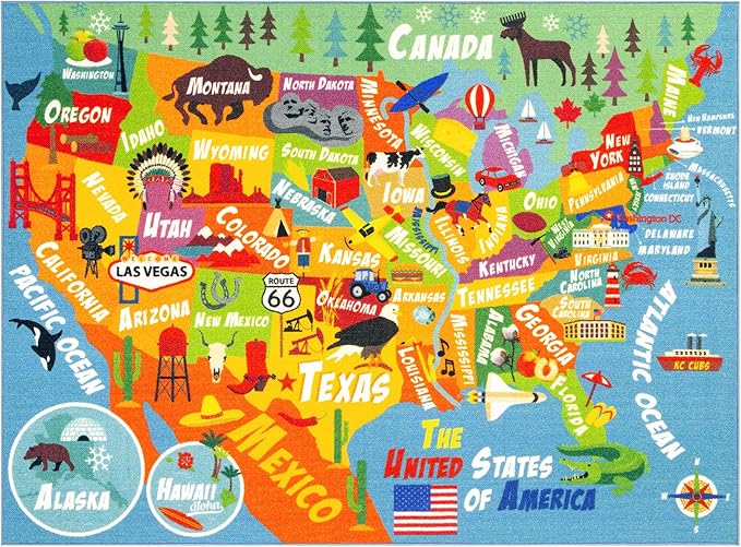 KC Cubs 8x10 USA United States Map Toy Car Road Rug – Educational Play Mat Carpet for Kids, Toddlers, Nursery, Classroom, Playroom, Baby Daycare-CubbioJoy