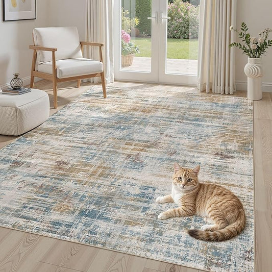 Area Rug for Living Room: 6x9 Washable Neutral Abstract Modern Soft Rugs Non Slip Indoor Floor Stain Resistant Large Carpet for Bedroom Dining Room Office Nursery - Blue Brown-CubbioJoy