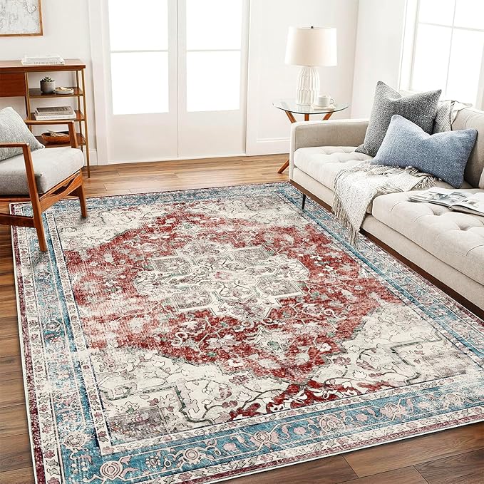 Area Rug 6'x9' Washable Red Blue Rug Vintage Traditional Floor Cover Retro Kitchen Indoor Distressed Non Slip Carpet Floral Print Mat Living Room Bedroom Dining Room-CubbioJoy