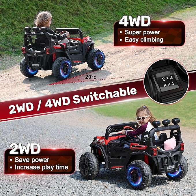 ANPABO 24V 4X4 Ride on Car Truck w/Remote Control, 4WD/2WD Switchable Kids UTV, 19" Spacious Seat, 4 Shock Absorbers, Soft Start, Music Player, Electric Car for Kids Ages 3+(Red)-CubbioJoy