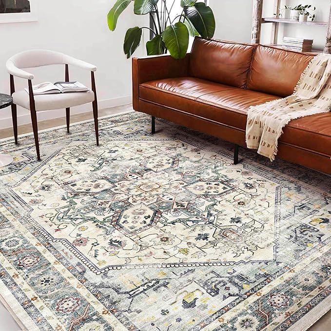 Area Rug 6'x9' Cyan Khaki Washable Vintage Traditional Floor Cover Thin Retro Kitchen Indoor Distressed Non Slip Carpet for Living Room Bedroom Dining Room-CubbioJoy