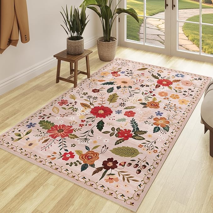 3x5 Area Rug, Floral Pink Washable Rug for Entryway, Non Slip Flower Area Rugs, Soft Low Pile Indoor Doormat Small Carpet, Rugs for Living Room Bedroom Nursery Kitchen Dining Room, Pink/Beige-CubbioJoy