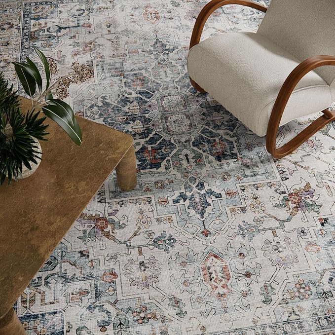 5x7 Area Rugs for Living Room: Washable Bedroom Rug Boho Vintage Rugs Stain Resistant Non Slip Low Pile Soft Lightweight Carpet for Kitchen Dining Room Farmhouse Nursery Kids Room Home Office-CubbioJoy