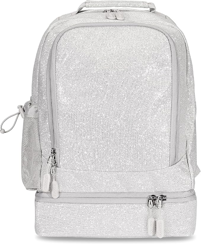 Bentgo Kids 2-in-1 Backpack & Insulated Lunch Bag - Glitter Designed 16” Backpack for School & Travel -, Durable, Water Resistant, Padded, & Large Compartments (Glitter Edition - Silver)-CubbioJoy