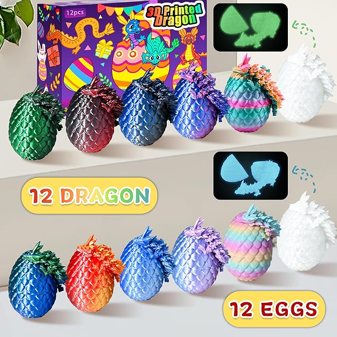 12PCS 3D Printed Dragon Eggs with Dragon Inside, Cool Stuff Fun Gifts, Mini Dragon Egg Set Articulated Crystal Dragon Fidget Toy for Adults Teens Boy Gifts Easter Basket Stuffers-CubbioJoy