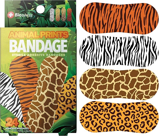 BioSwiss Bandages, Animal Prints Self Adhesive Bandage, Leopard, Zebra, Giraffe, and Tiger Print Designs, Latex Free Sterile Wound Care, Standard Shape for Kids and Adults, 24 Count-CubbioJoy