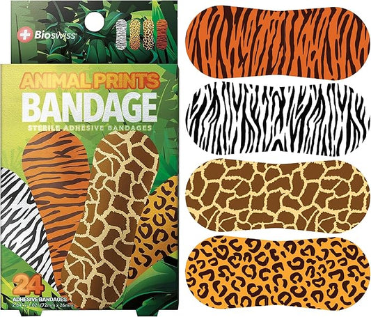 BioSwiss Bandages, Animal Prints Self Adhesive Bandage, Leopard, Zebra, Giraffe, and Tiger Print Designs, Latex Free Sterile Wound Care, Standard Shape for Kids and Adults, 24 Count-CubbioJoy