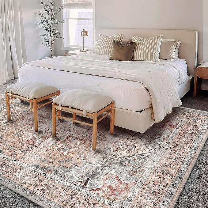 Area Rug 6'x9' Light Cyan and Light red Washable Vintage Traditional Floor Cover Thin Retro Kitchen Indoor Distressed Non Slip Carpet for Living Room Bedroom Dining Room-CubbioJoy