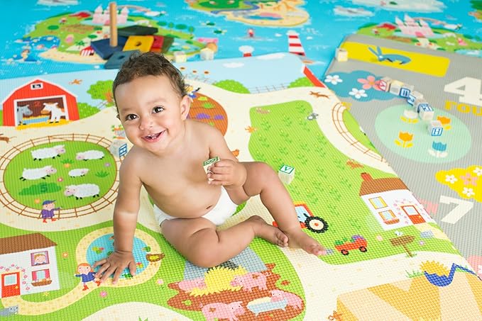 Baby Care Play Mat (Medium, Playful - Busy Farm) 73’’ x 49’’ Original One-Piece Reversible Rollable Waterproof Play Mat for Infants, Babies, Toddler, and Kids-CubbioJoy