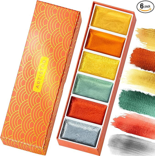 ARTISTRO Professional Metallic Watercolor Paint Set for Adults - 6 Pigment-Rich Metallic Colors, XL Pans, ASTM-I Lightfastness, High Tinting Strength Watercolor Set for Professionals made by professionals-CubbioJoy