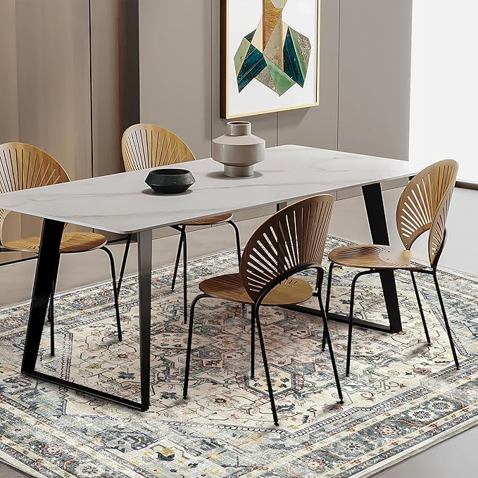 3'x5' Cyan Khaki Vintage Washable Thin Area Rug Traditional Floor Cover Foldable Indoor Distressed Non Slip Carpet Floral Print Mat Bedroom Living Room Bathroom-CubbioJoy