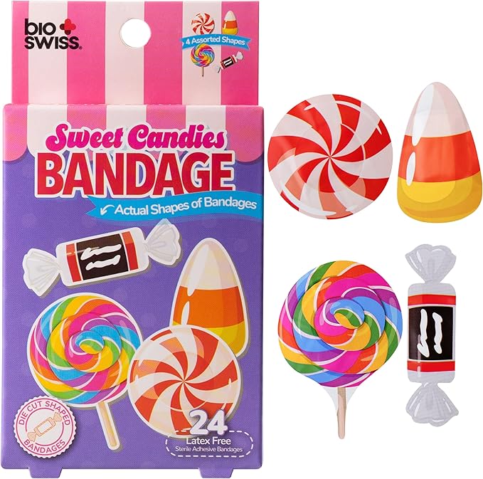 BioSwiss Bandages, Sweet Candies Shaped Self Adhesive Bandage, Latex Free Sterile Wound Care, Fun First Aid Kit Supplies for Kids and Adults, 24 Count-CubbioJoy