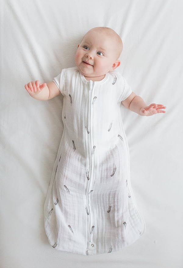 Amazing Baby Cotton Muslin Sleeping Sack, For Baby Boy or Girl, Wearable Blanket with 2-way Zipper, Little Feather, Black, Small (0-6 Month)-CubbioJoy